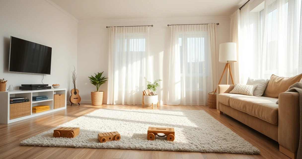 Sala de estar clara com televisão na parede e brinquedos de madeira no tapete