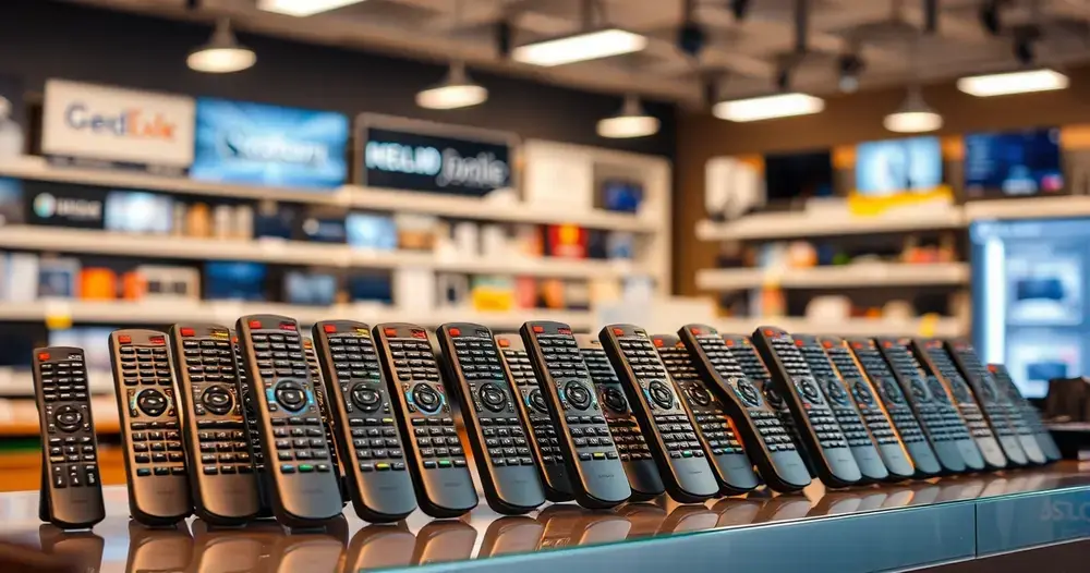 controles remotos de televisão expostos no balcão de uma loja de eletrônicos